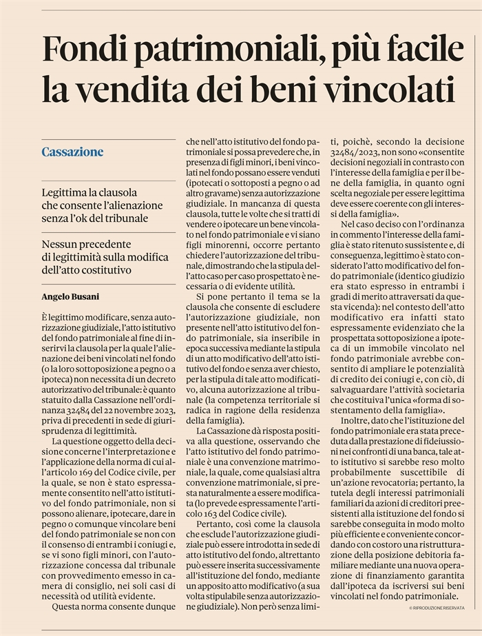 FONDO PATRIMONIALE - Facile la modifica del vincolo di non alienazione