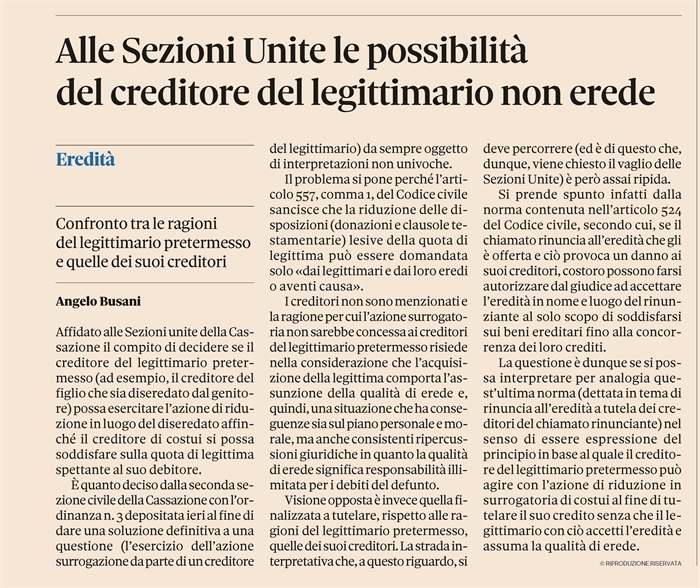 EREDITA' - Azione di riduzione promossa dal creditore del legittimario pretermesso?