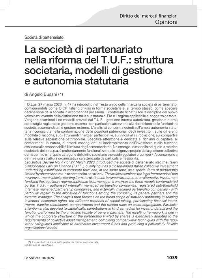 SOCIETA' DI PARTENARIATO - Introdotte nel TUF dal d.lgs. 47/2026