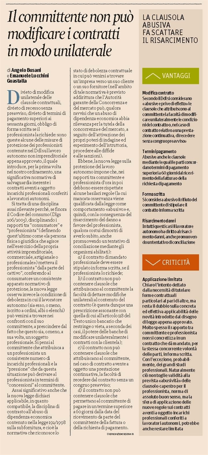 LAVORO AUTONOMO - Le nuove regole per le clausole dei contratti di incarico professionale
