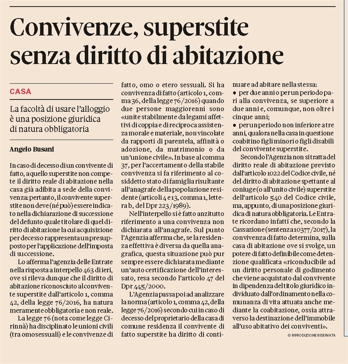 CONVIVENZA - Niente diritto di abitazione per il convivente superstite