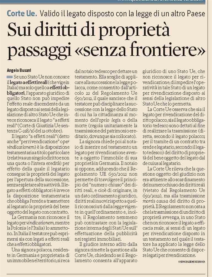 EREDITA' - Valevole in tutta la UE il legato riconosciuto da un Paese UE