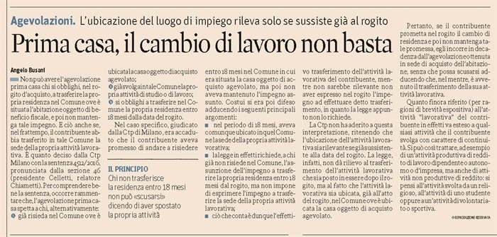 COMPRAVENDITA - "Prima casa" - Luogo in cui l'acquirente lavora