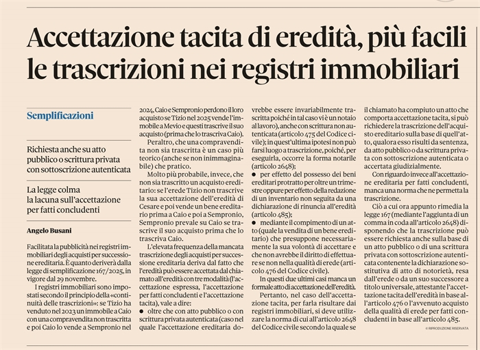 EREDITA' - Più facile trascrivere l'accettazione tacita