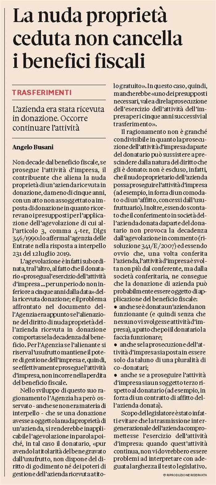 IMPOSTA DI DONAZIONE - Permane l'agevolazione se è ceduta la nuda proprietà di azienda donata