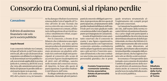 CONSORZIO DI COMUNI - Ok al ripianamento perdite