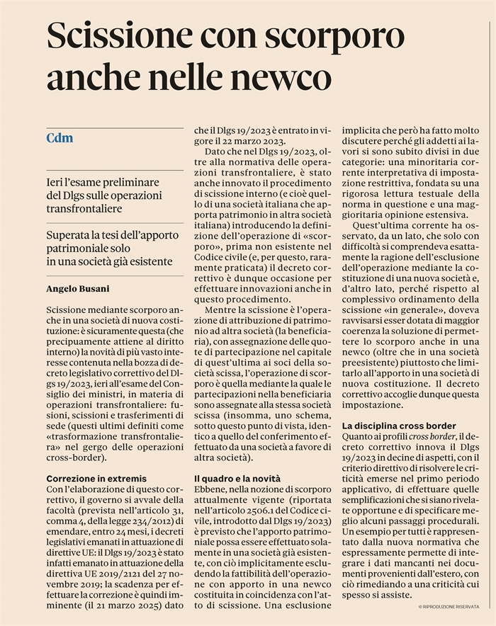 SCISSIONE CON SCORPORO - Anche con costituzione di una NewCo