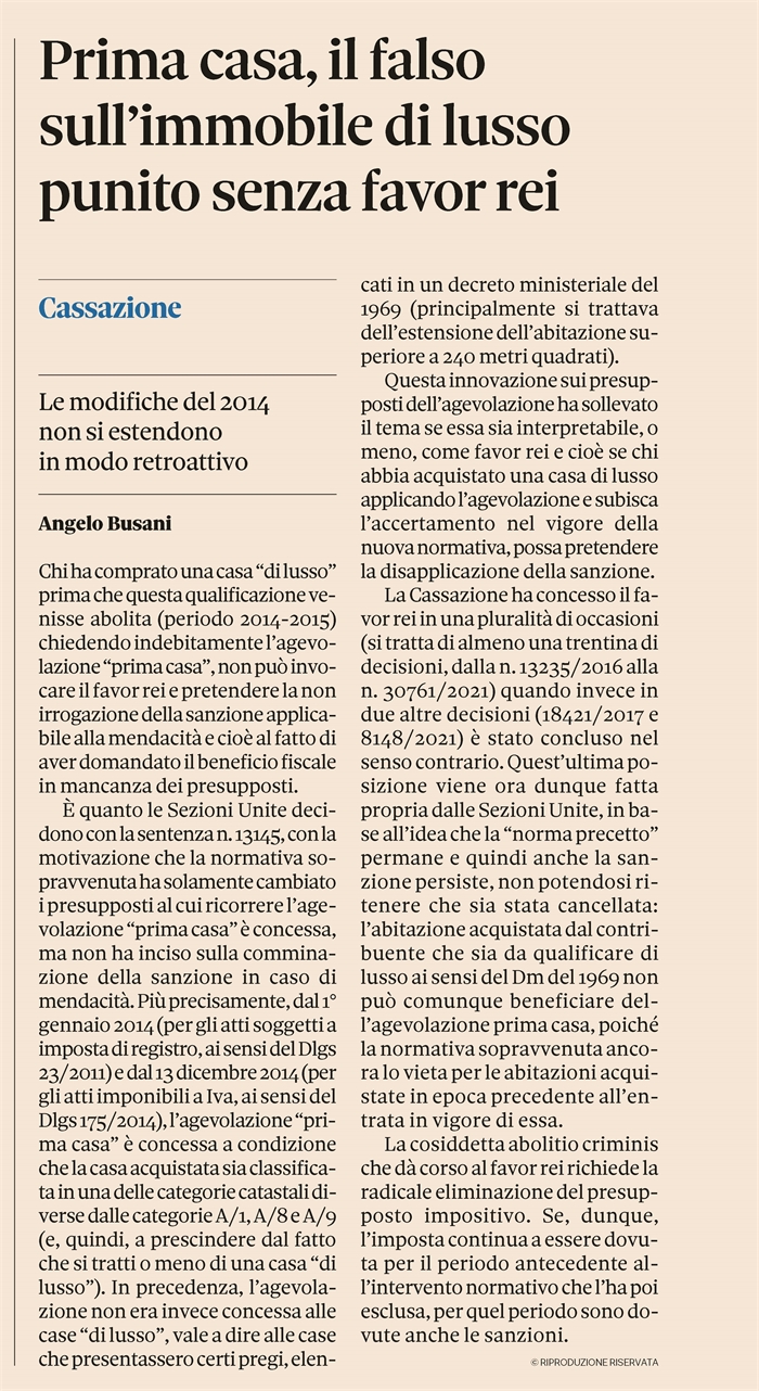 PRIMA CASA - Resta punito chi ha dichiarato il falso requisito non di lusso