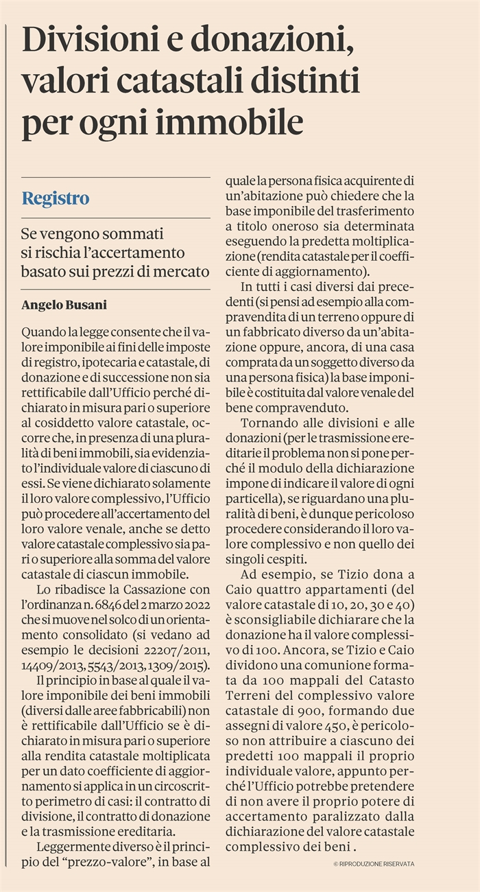 DONAZIONI e DIVISIONI - Distinguere il valore catastale per ogni immobile