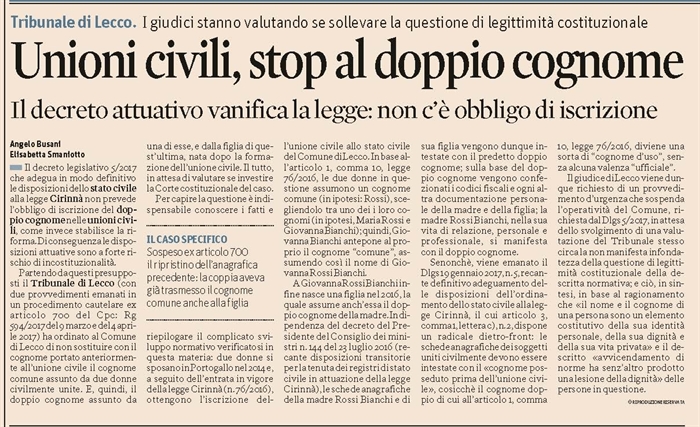 UNIONI CIVILI - La questione dell'iscrizione del doppio cognome nei Registri di Stato Civile