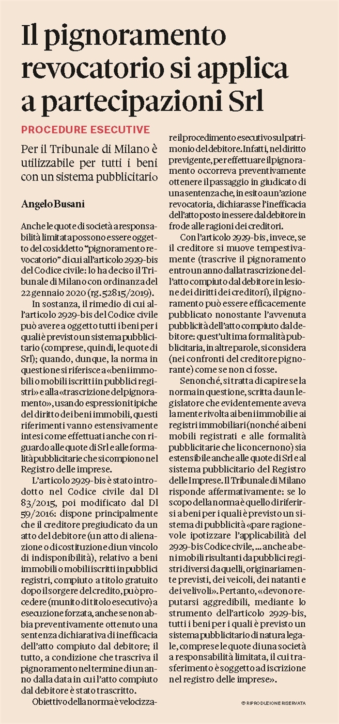 PIGNORAMENTO REVOCATORIO - Anche per le quote di SRL