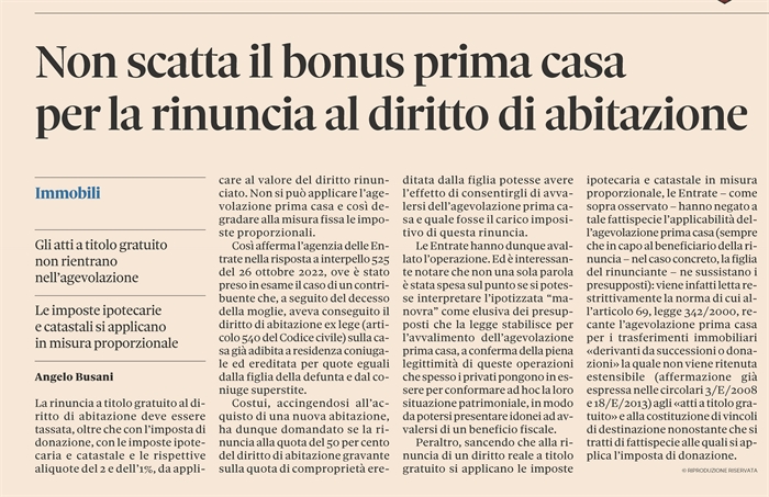 RINUNCIA AL DIRITTO DI ABITAZIONE - Non si applica l'agevolazione prima casa