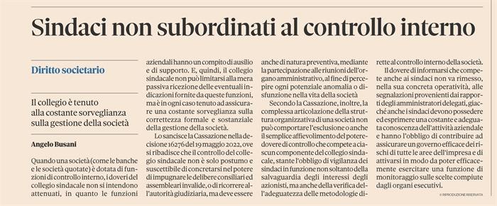 SOCIETA' - I doveri dei Sindaci quando c'è la funzione di internal audit