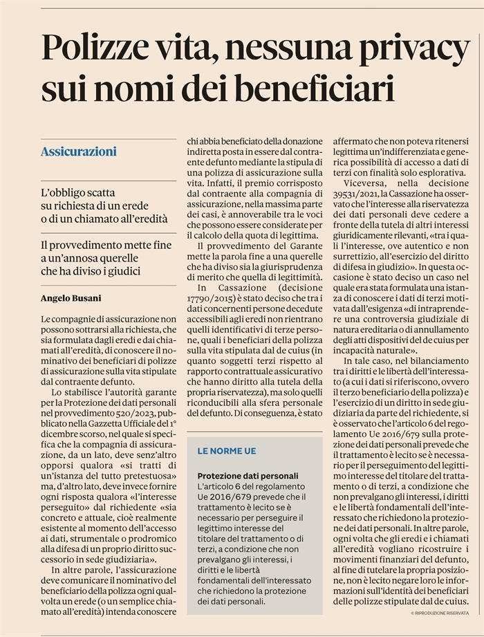 POLIZZE ASSICURATIVE - Non c'è privacy sui beneficiari