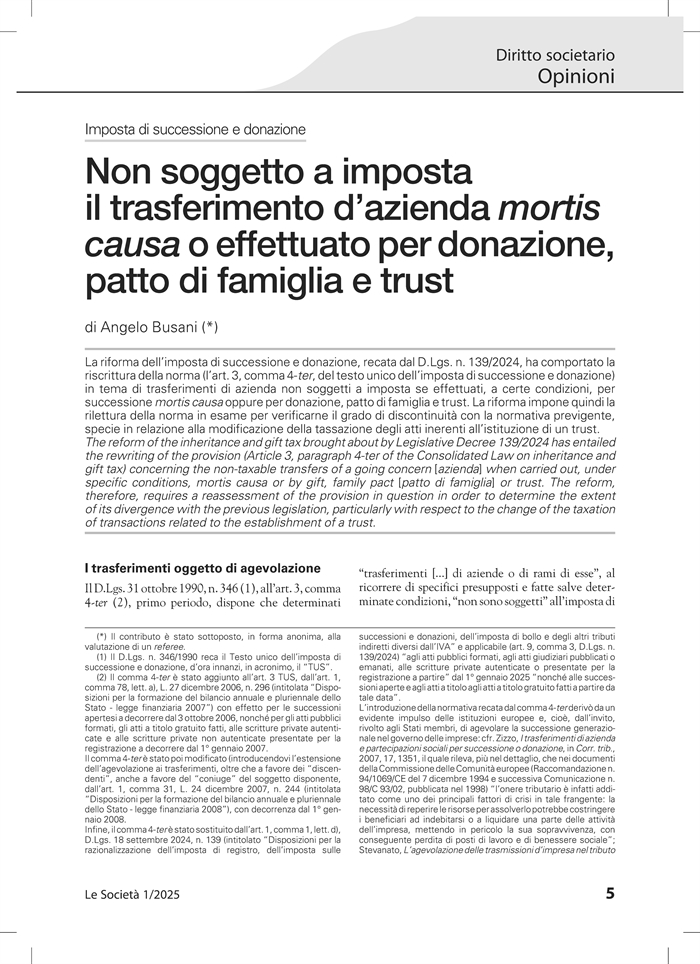 AZIENDA  - Trasferimento agevolato mortis causa, per donazione, patto di famiglia e trust