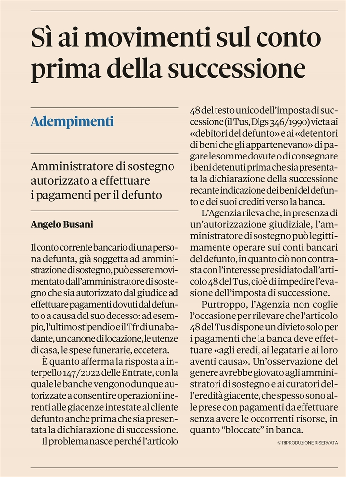 EREDITA' - Movimento del c/c appartenuto a persona con amministratore di sostegno