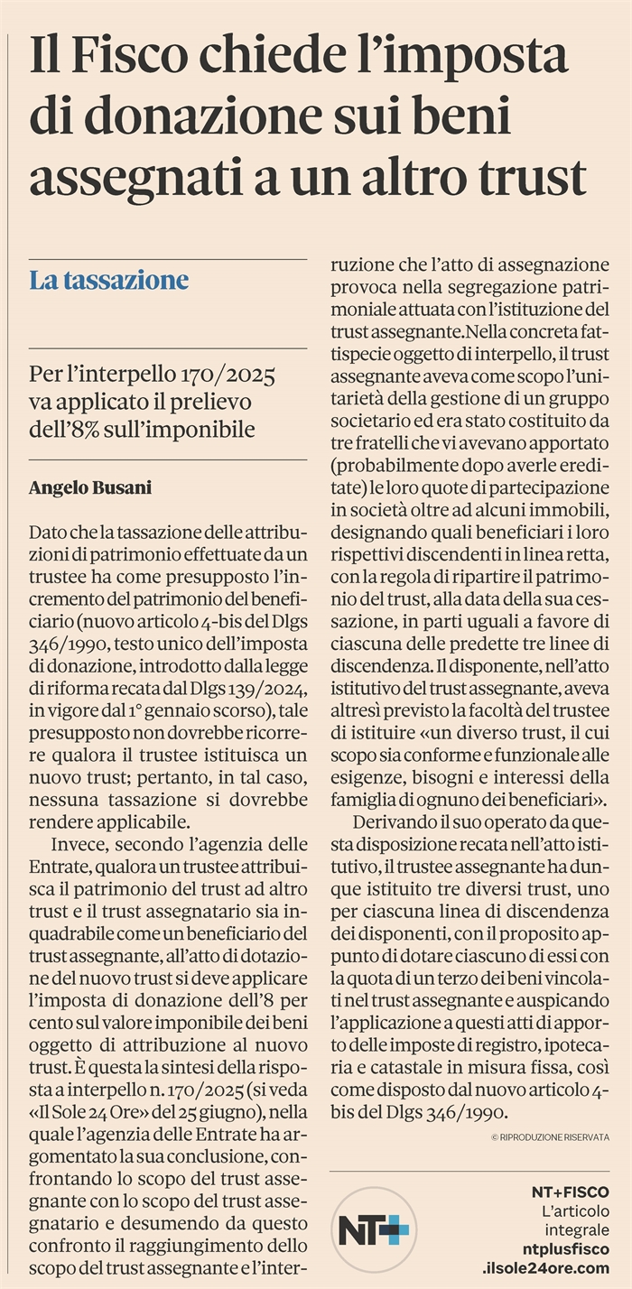 TRUST - Quando è tassabile l'apporto di un trust ad altro trust