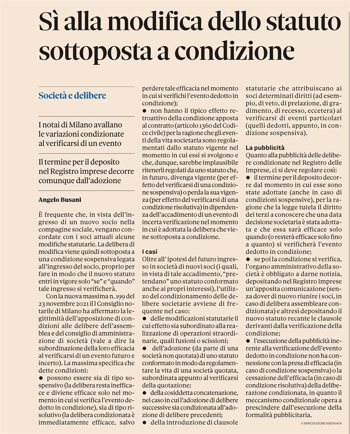 SOCIETA' - Legittime le modifiche statutarie sottoposte a condizione 