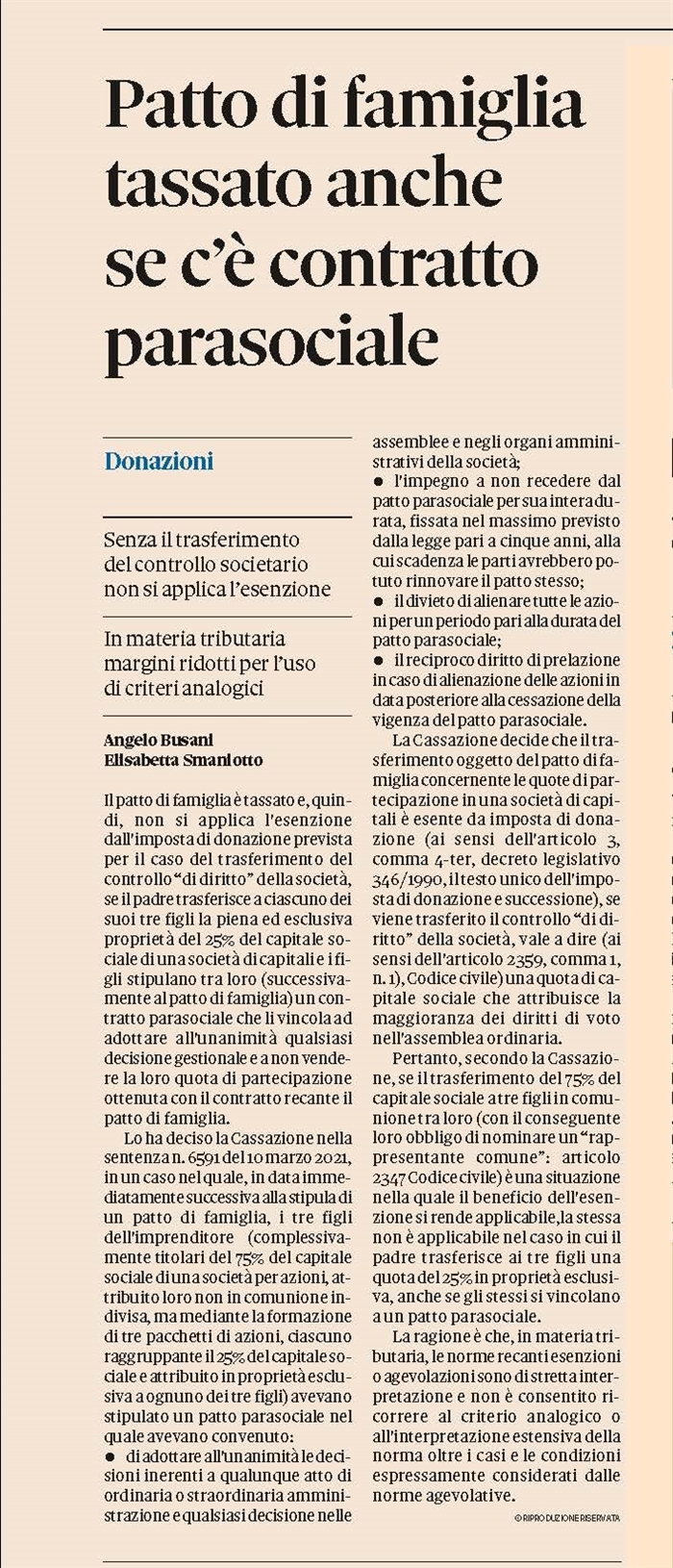 PATTO DI FAMIGLIA - Con il patto parasociale non si ottiene l'esenzione