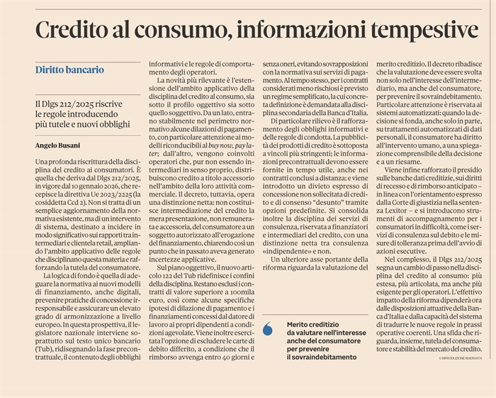 CREDITO AL CONSUMO - Rilevante innovazione normativa
