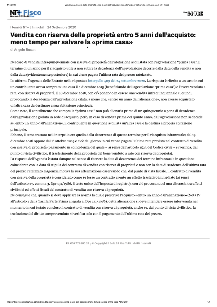 PRIMA CASA - Vendita infraquinquennale dell'abitazione comprata con riserva di proprietà