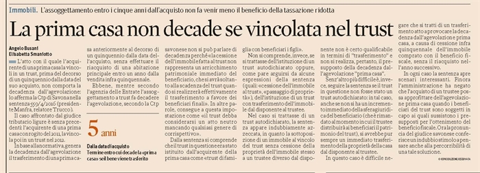 TRUST E AGEVOLAZIONE PRIMA CASA - Non decade chi vincola la casa in trust 