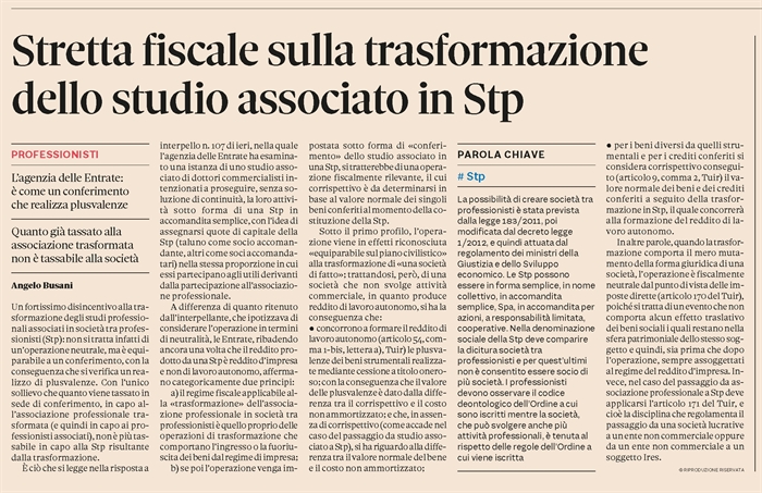 SOCIETA' TRA PROFESSIONISTI - Stretta del Fisco sulle trasformazioni da Studio Associato a STP