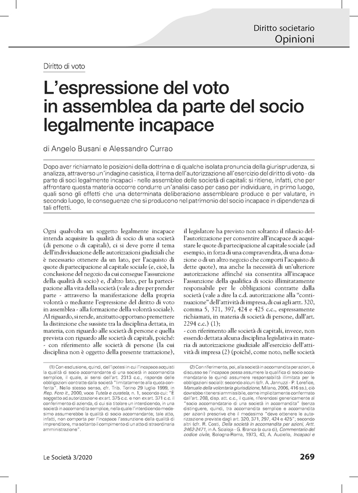 SOCIETA' - Il voto in assemblea del socio legalmente incapace