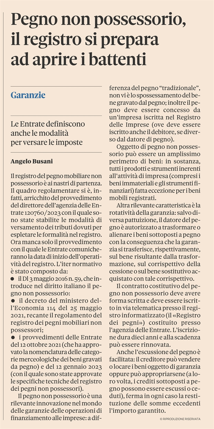 PEGNO NON POSSESSORIO - Pronto a partire il Registro presso l'Agenzia delle Entrate