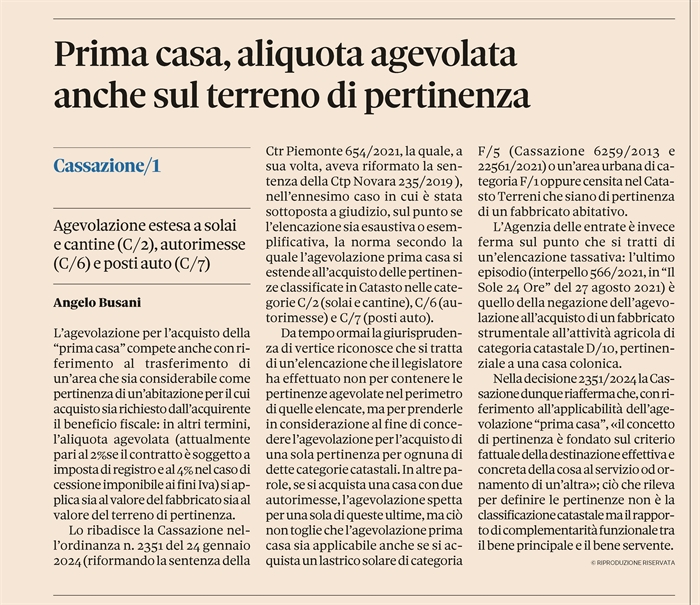 PRIMA CASA - Agevolato anche l'acquisto dell'area di pertinenza