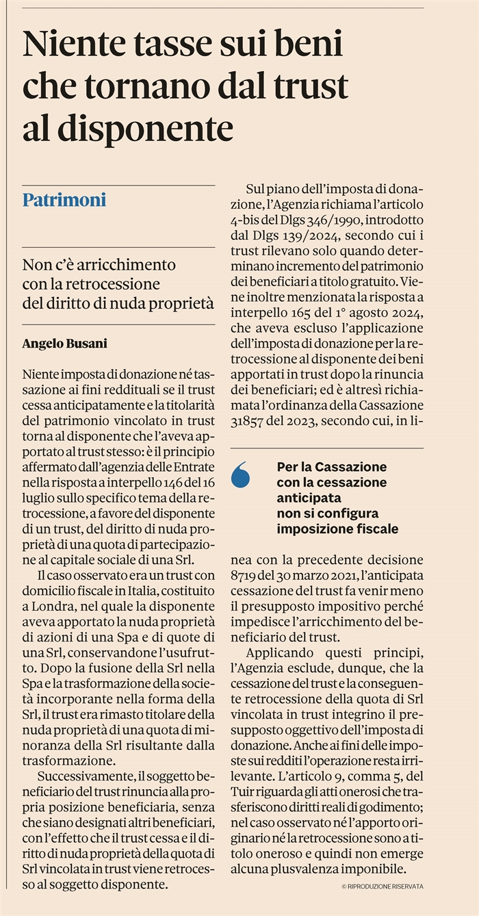 TRUST - Non tassato il ritorno di beni al disponente