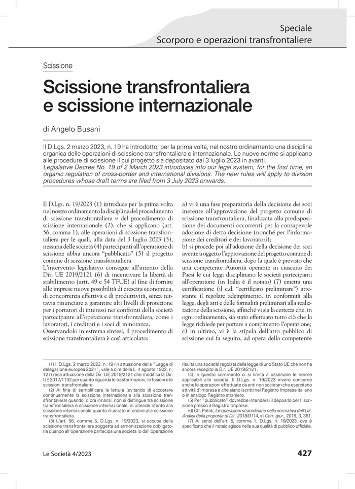 SCISSIONE TRANSFRONTALIERA - Nuove regole dal 3 luglio 2023