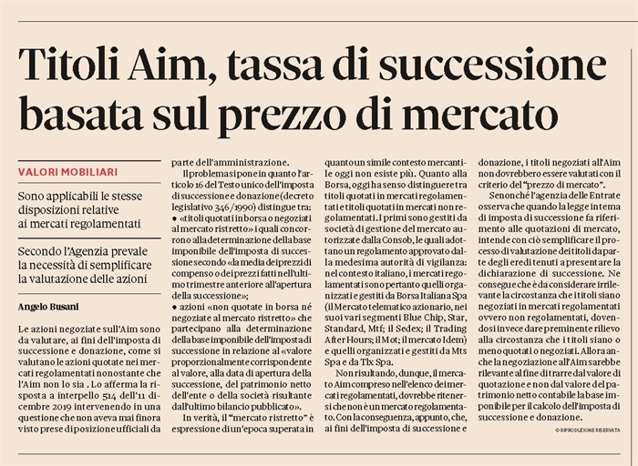 IMPOSTA DI SUCCESSIONE - Il valore delle azioni quotate all'AIM