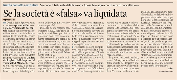 SOCIETA' - Costituita con falsa procura e falso versamento di capitale