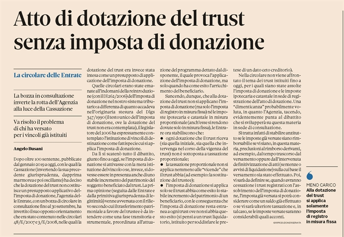 TRUST - Stop all'imposta di donazione per l'atto di dotazione