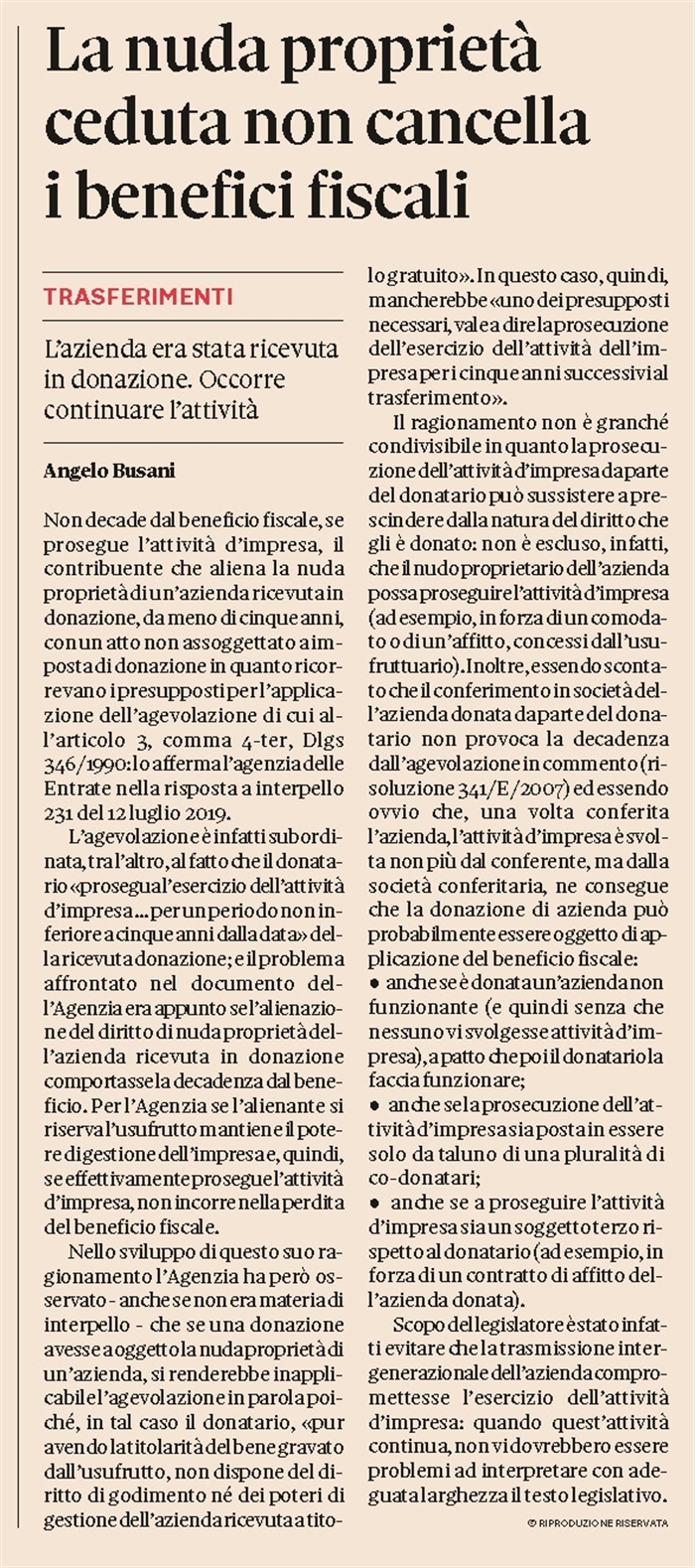 DONAZIONE D'AZIENDA - Non perde l'agevolazione chi aliena la nuda proprietà