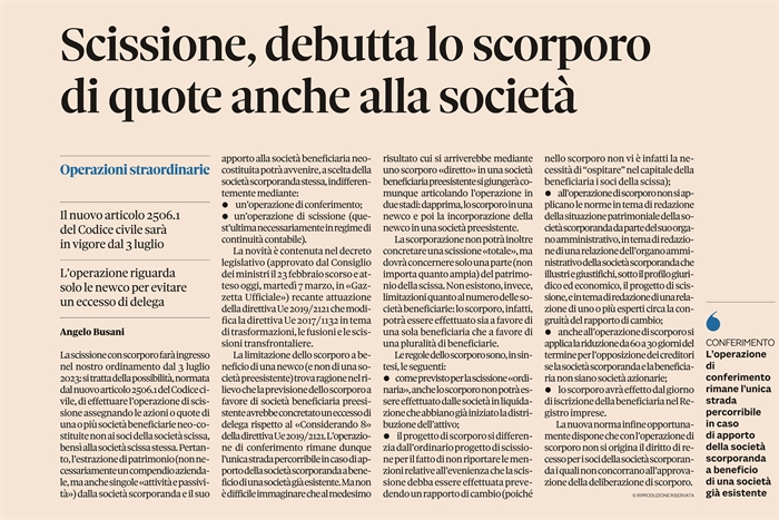 SCISSIONE CON SCORPORO - Al via dal 3 luglio 2023