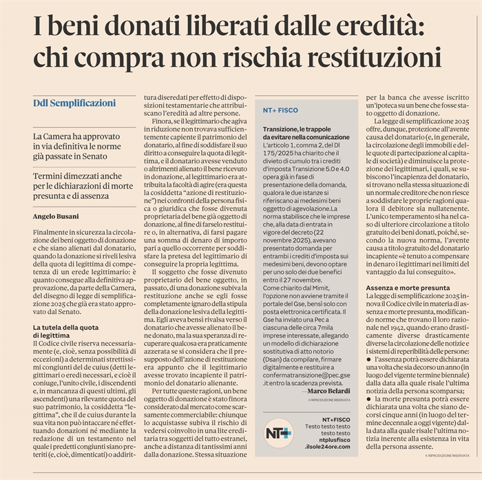 BENI DONATI - Libera trasferibilità, abolita l'azione di riduzione