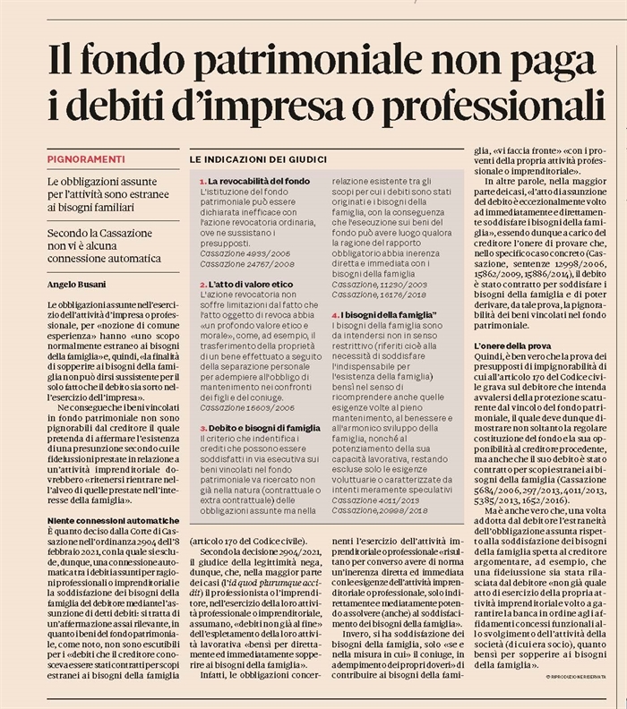 FONDO PATRIMONIALE - Protegge se il debito deriva da attività d'impresa