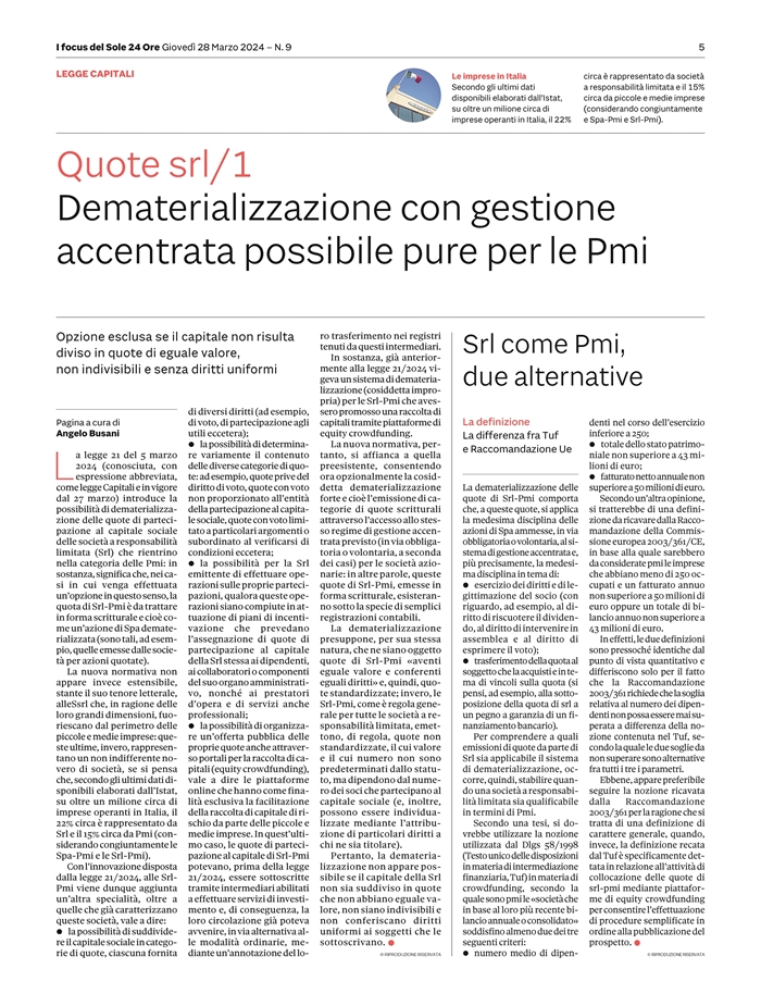 SOCIETA' - Per quote di Srl-Pmi possibile la gestione dematerializzata
