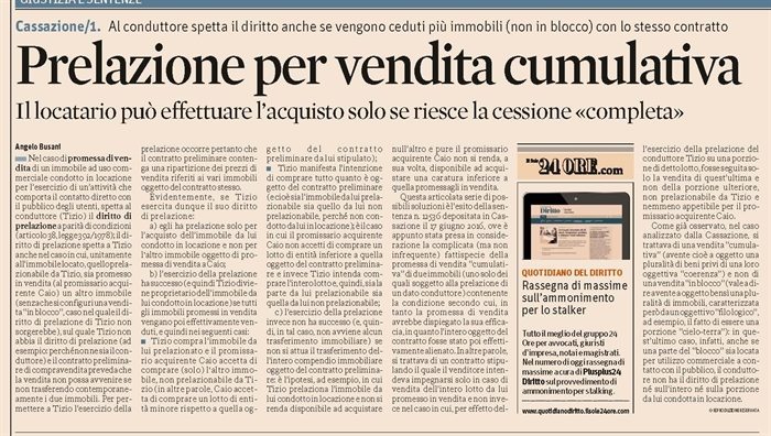 COMPRAVENDITA - Prelazione del conduttore di esercizio commerciale