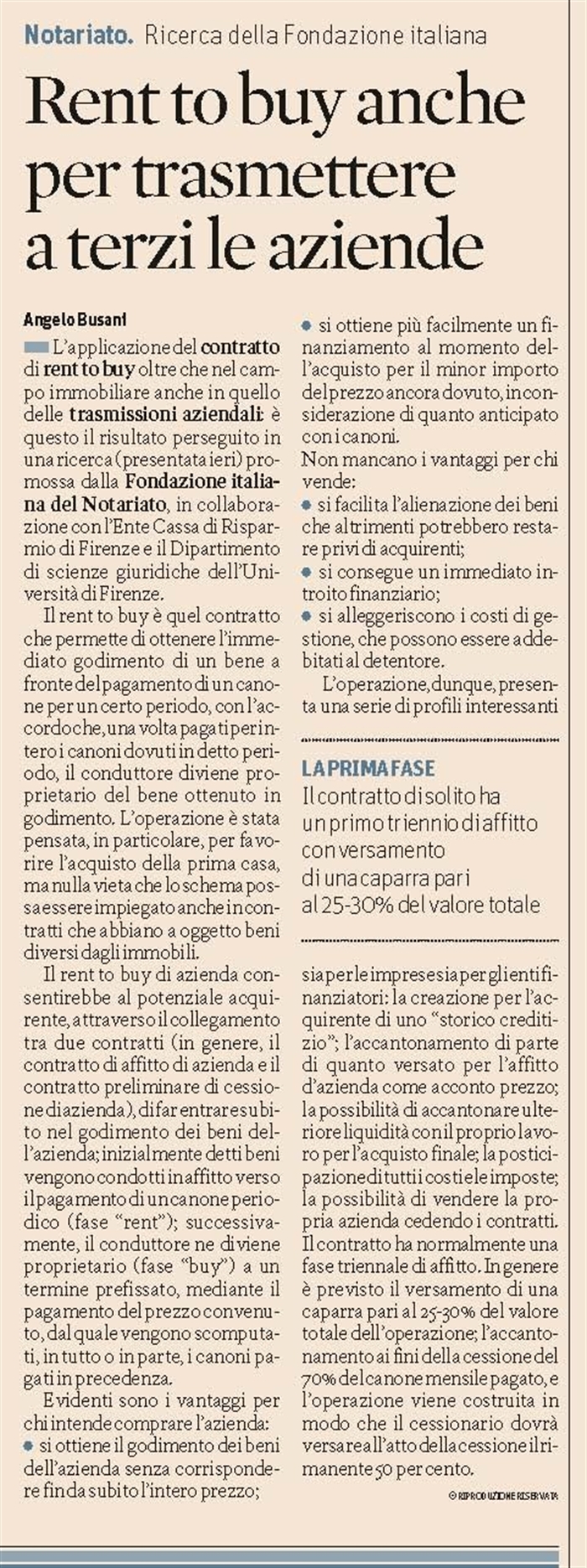 CESSIONE D'AZIENZA - Con il contratto di rent to buy