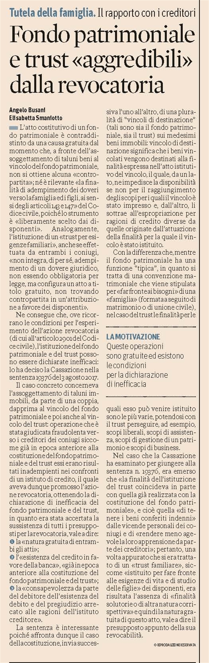TUTELA DEL PATRIMONIO - La revocatoria del fondo patrimoniale e del trust