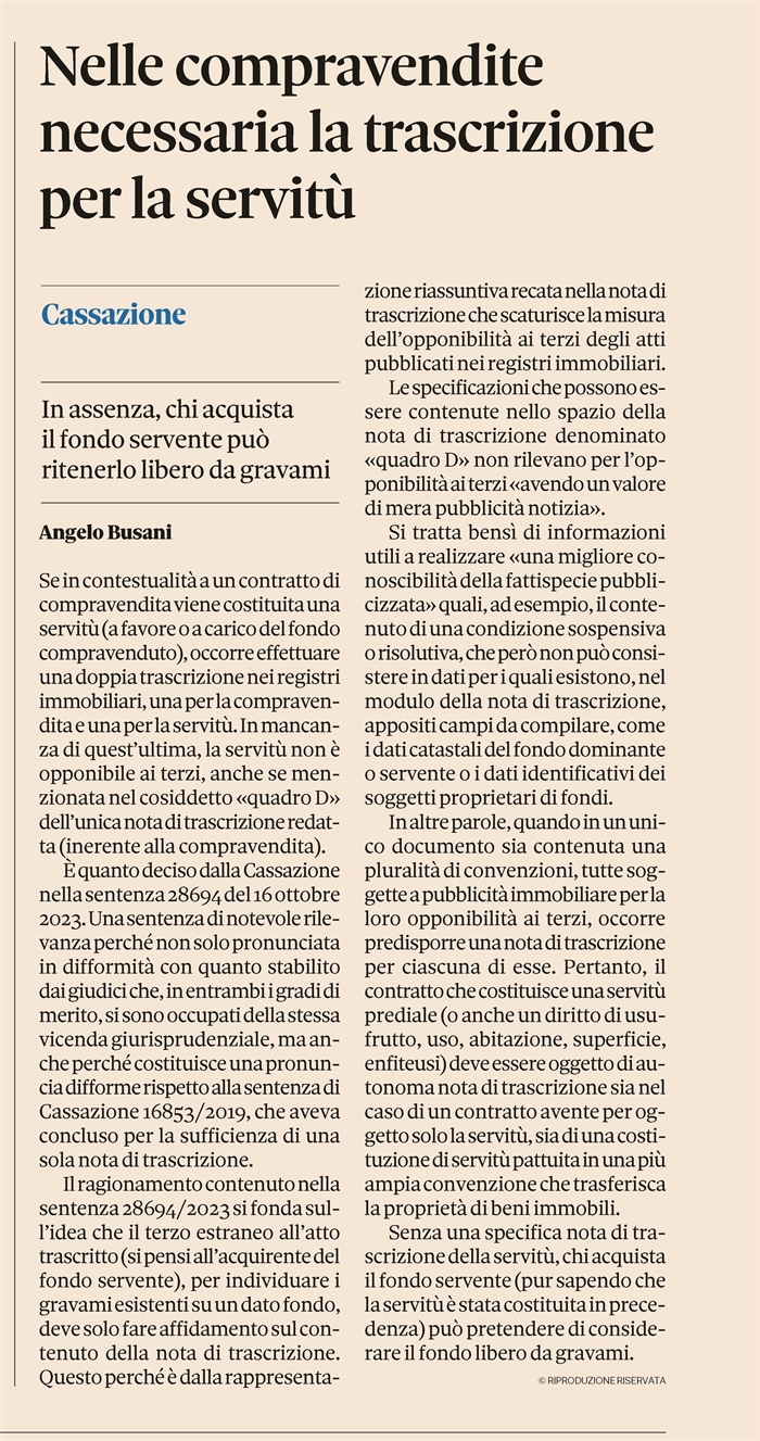 COMPRAVENDITA + SERVITU' - Occorre la doppia trascrizione