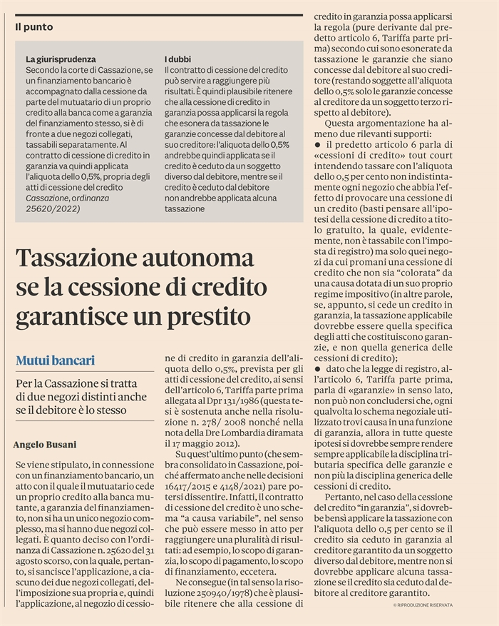 IMPOSTA DI REGISTRO - Aliquota 0,5% per la cessione di credito a garanzia di mutuo