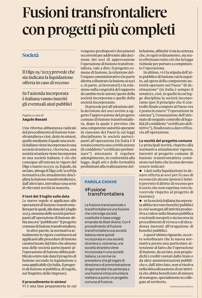 FUSIONE TRANSFRONTALIERA - Nuove regole al via dal 3 luglio 2023