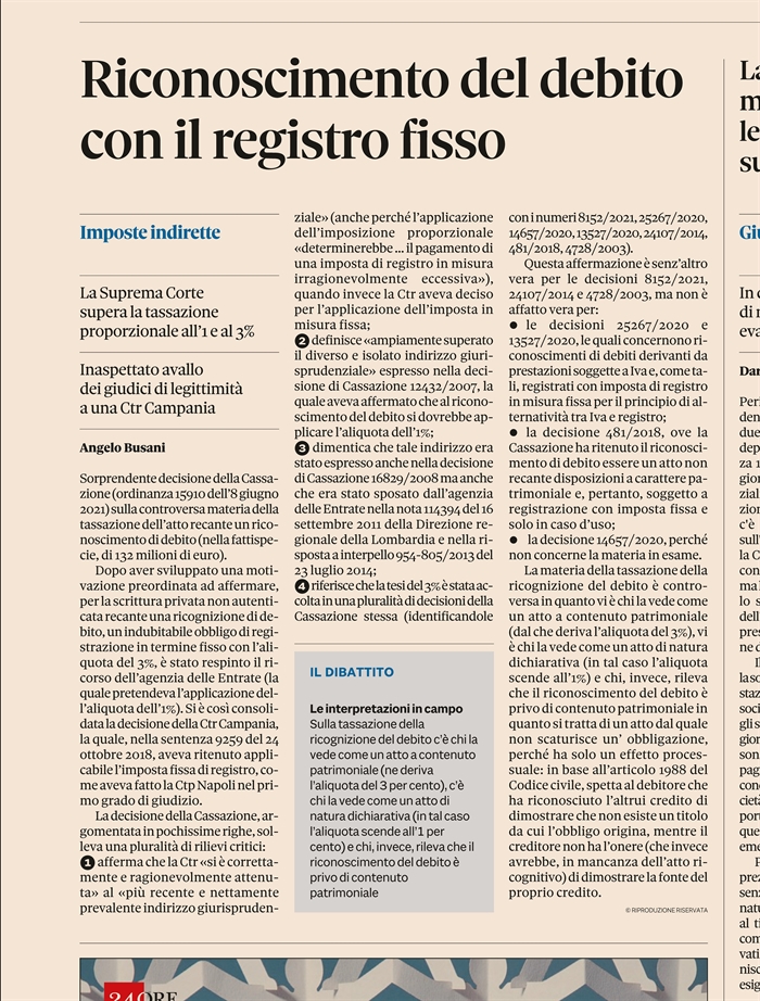 RICONOSCIMENTO DI DEBITO - Imposta di registro con aliquota 1%