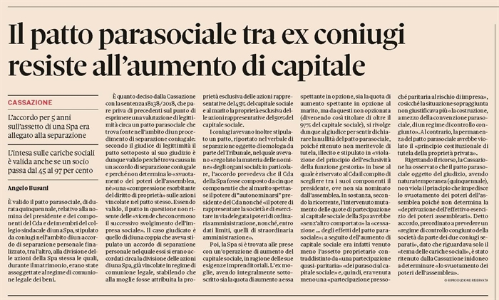 SOCIETA' - Patto parasociale stipulato in sede di separazione coniugale