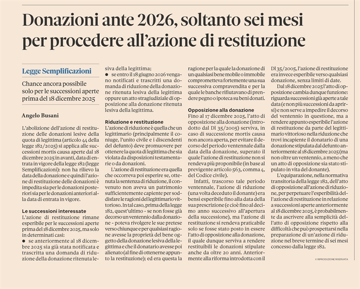 DONAZIONI ANTE 2026 - Ancora sei mesi per impugnarle