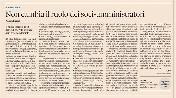 SOCIETA' - Nuove norme sulla gestione della società introdotte dal Codice della Crisi d'Impresa